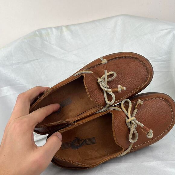 OluKai Huli Brown Leather Loafers With Rubber Soles and Lace up Detail Size 8.5 main image 6